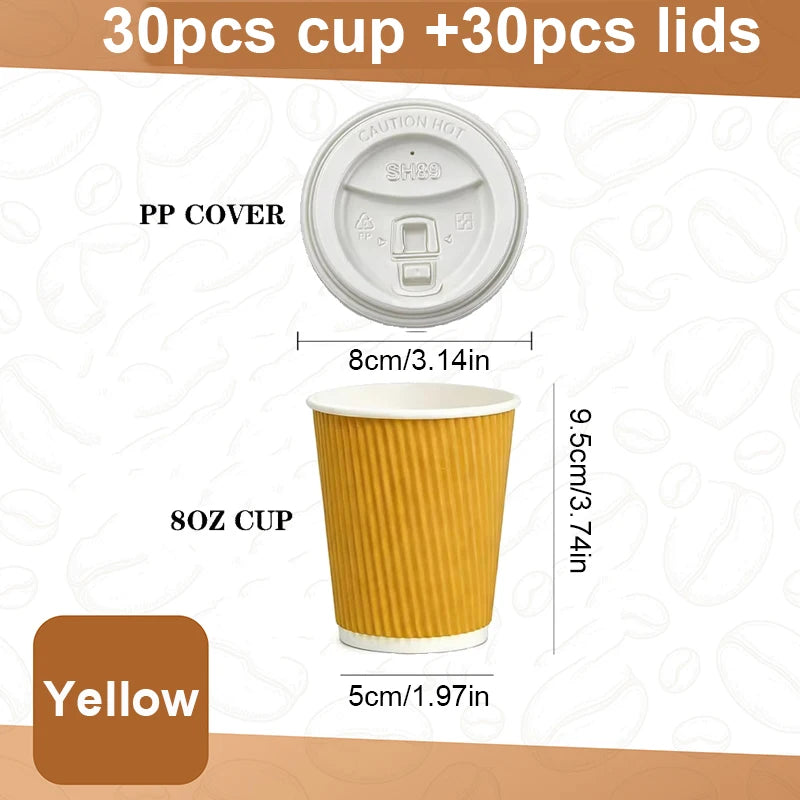 45pcs 8oz  Double-Walled Insulated Corrugated Cardboard Coffee Cups Thickened Disposable Striped Portable Paper Cups With Lids