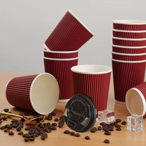 45pcs 8oz  Double-Walled Insulated Corrugated Cardboard Coffee Cups Thickened Disposable Striped Portable Paper Cups With Lids