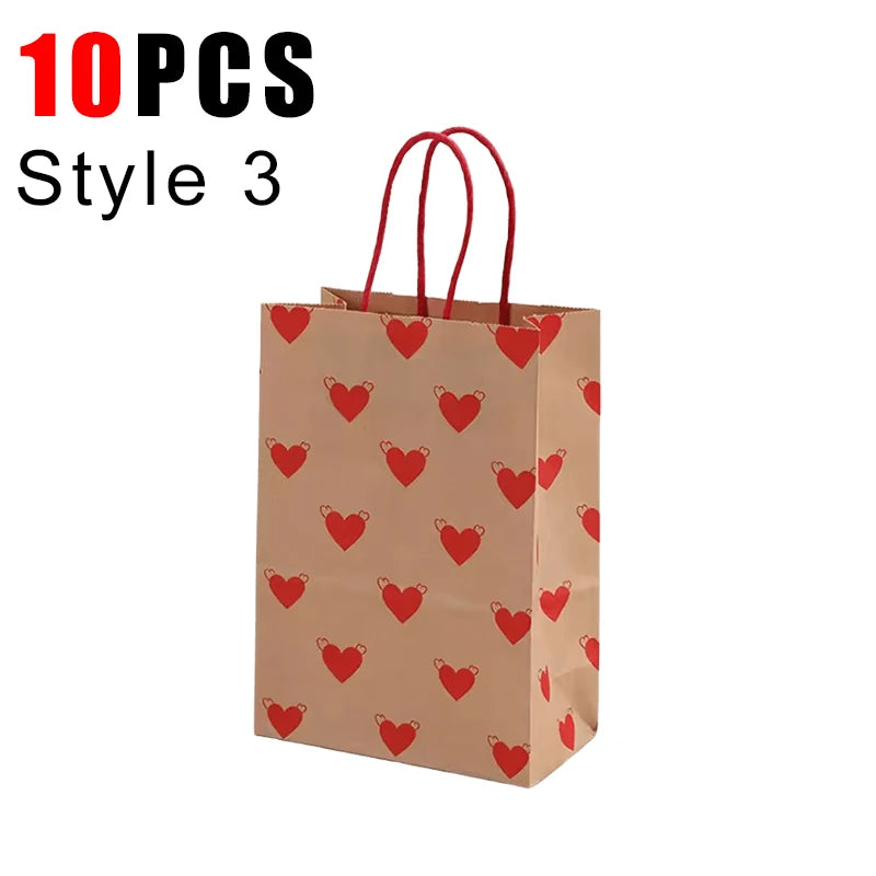 10PCS Heart Patterns Kraft Paper Bag with Handle Valentine's Day Gift Packaging Tote Romantic Bags Party Wedding Accessories