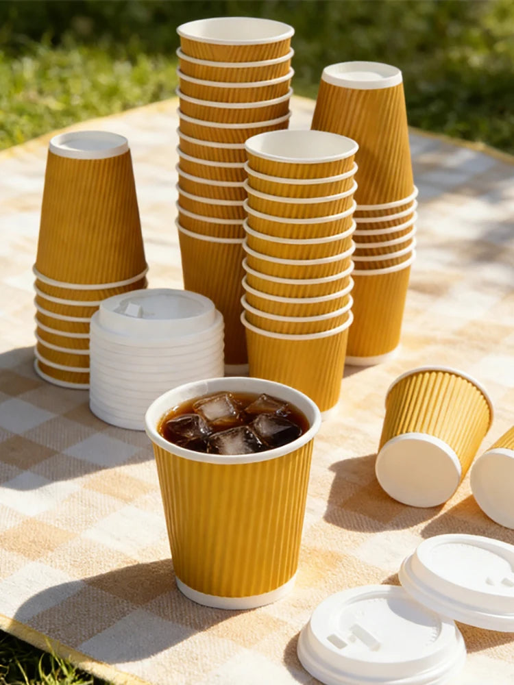 45pcs 8oz  Double-Walled Insulated Corrugated Cardboard Coffee Cups Thickened Disposable Striped Portable Paper Cups With Lids