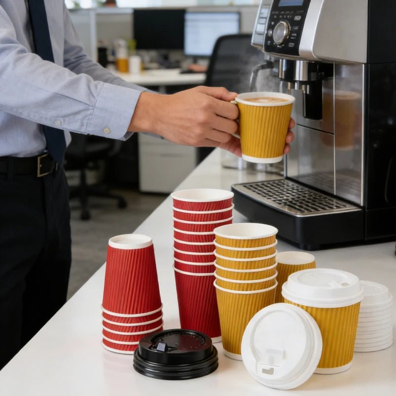 45pcs 8oz  Double-Walled Insulated Corrugated Cardboard Coffee Cups Thickened Disposable Striped Portable Paper Cups With Lids