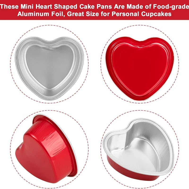 50Pcs 100ml Tin Foil Aluminum Foil Pudding  Cup With Lid Heart-shaped Disposable Mini Mousse Cupcake Containers Baking Mould