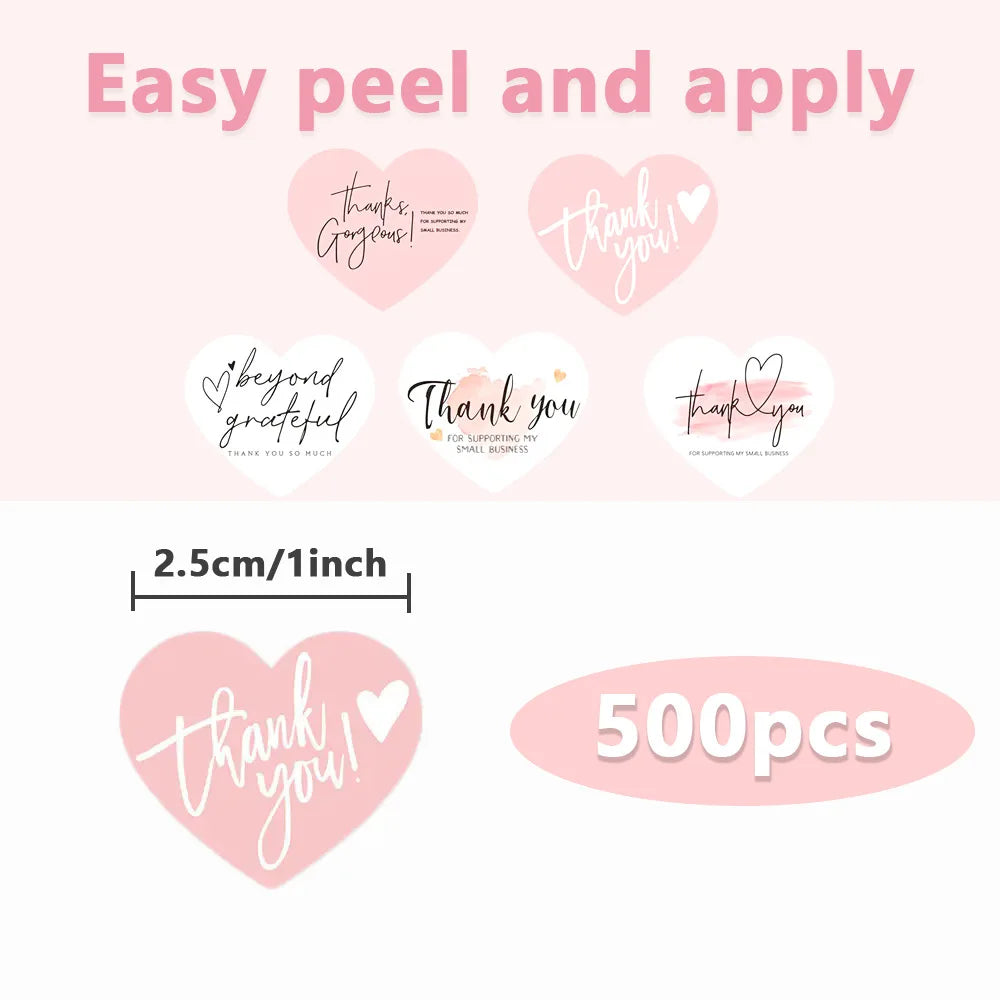 100-500pcs Heart Pink Thank You Stickers For Supporting Business Package Decoration "Gorgeous Thanks" Business Stickers