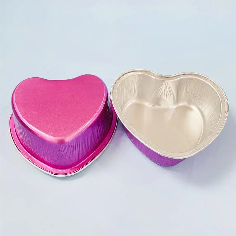 50Pcs 100ml Tin Foil Aluminum Foil Pudding  Cup With Lid Heart-shaped Disposable Mini Mousse Cupcake Containers Baking Mould