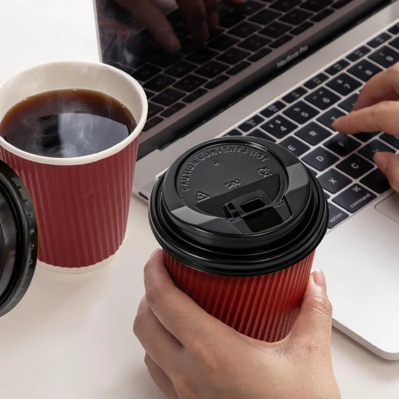 45pcs 8oz  Double-Walled Insulated Corrugated Cardboard Coffee Cups Thickened Disposable Striped Portable Paper Cups With Lids