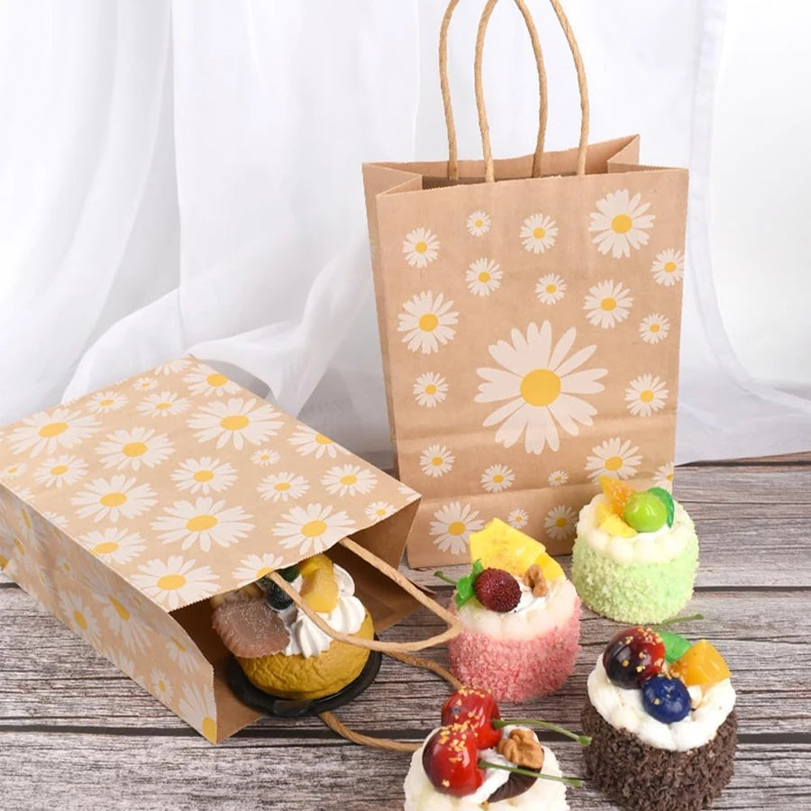 kraft paper bags, bohemian daisy kraft paper bags/party favor bags/goodie treat candy gift bags/birthday decorations -12/24 pcs