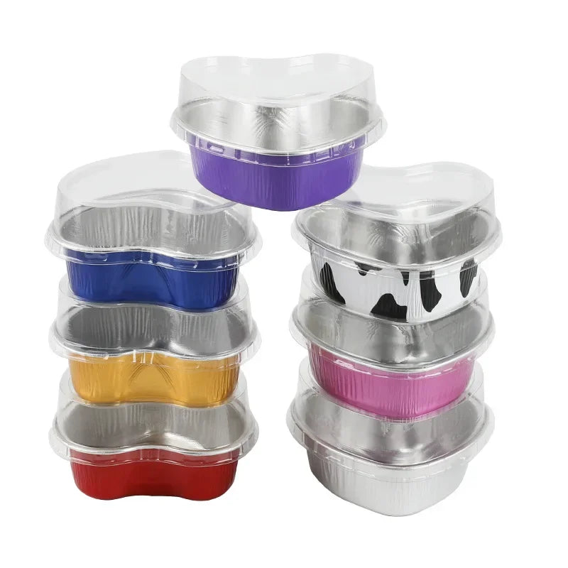 50Pcs 100ml Tin Foil Aluminum Foil Pudding  Cup With Lid Heart-shaped Disposable Mini Mousse Cupcake Containers Baking Mould