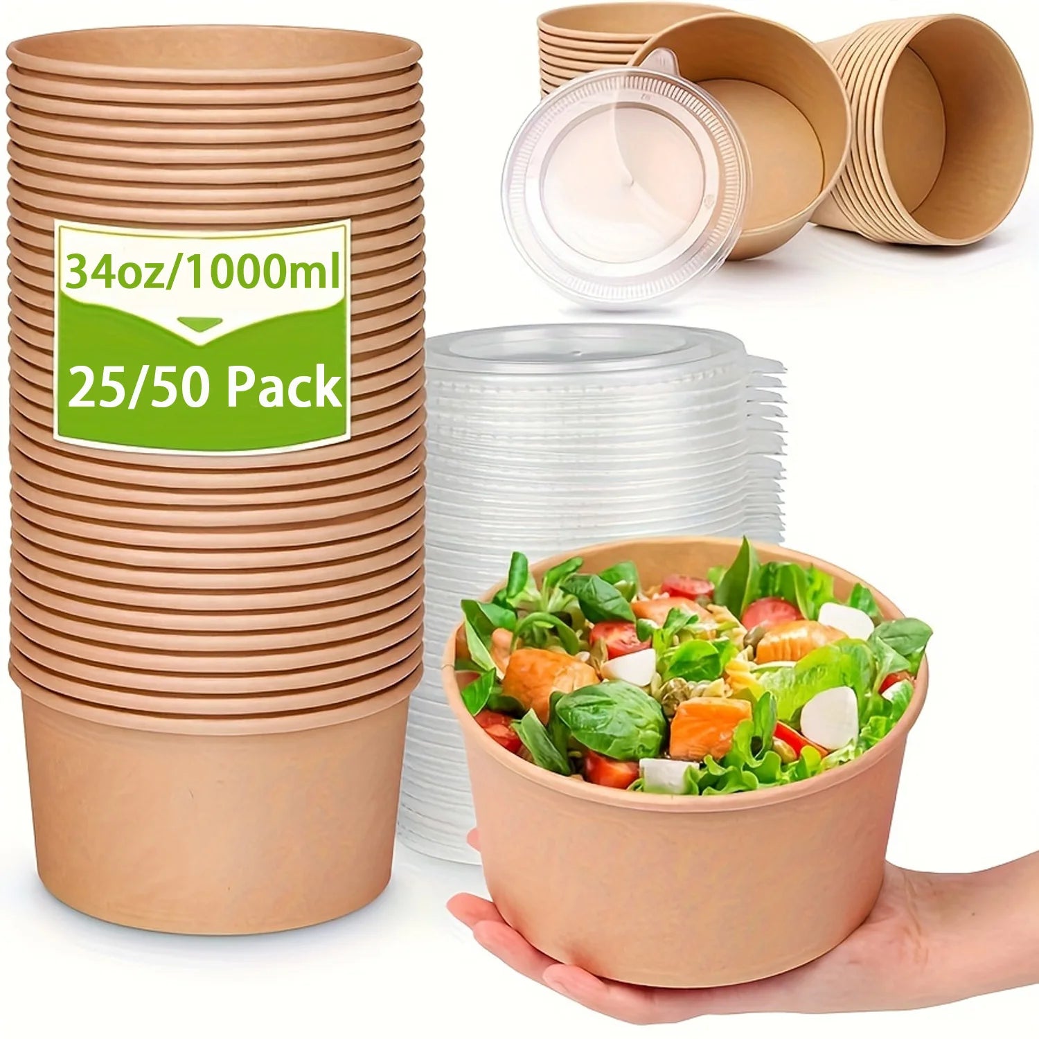 Paper Bowls with Lids, Disposable Soup Bowls, Food Containers Lunch Box, Salad Bowls, Meal Prep Bowls -34Oz/1000Ml 25/50 Pack
