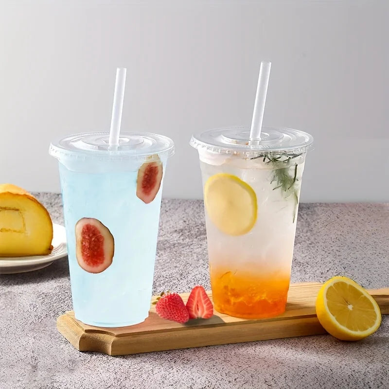 50pcs/Set 12/16OZ Plastic Cups With Lids Disposable Cups For Iced Coffee,Smoothie, Milkshake,Cold Drinks Birthday Party Supplies
