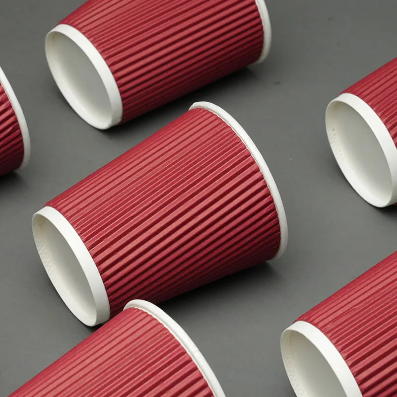 45pcs 8oz  Double-Walled Insulated Corrugated Cardboard Coffee Cups Thickened Disposable Striped Portable Paper Cups With Lids