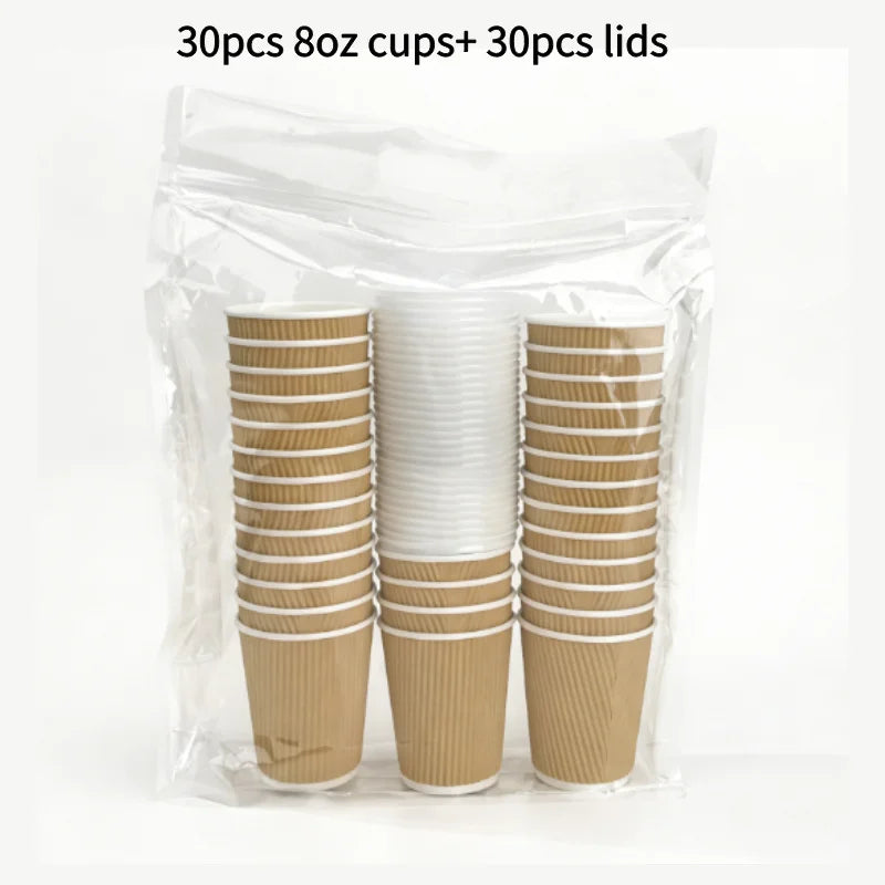 45pcs 8oz  Double-Walled Insulated Corrugated Cardboard Coffee Cups Thickened Disposable Striped Portable Paper Cups With Lids