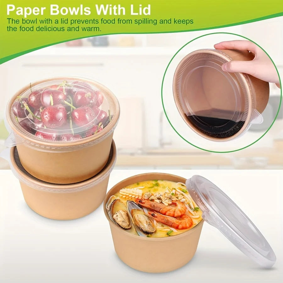 Paper Bowls with Lids, Disposable Soup Bowls, Food Containers Lunch Box, Salad Bowls, Meal Prep Bowls -34Oz/1000Ml 25/50 Pack
