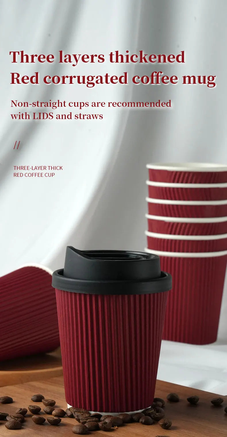 45pcs 8oz  Double-Walled Insulated Corrugated Cardboard Coffee Cups Thickened Disposable Striped Portable Paper Cups With Lids