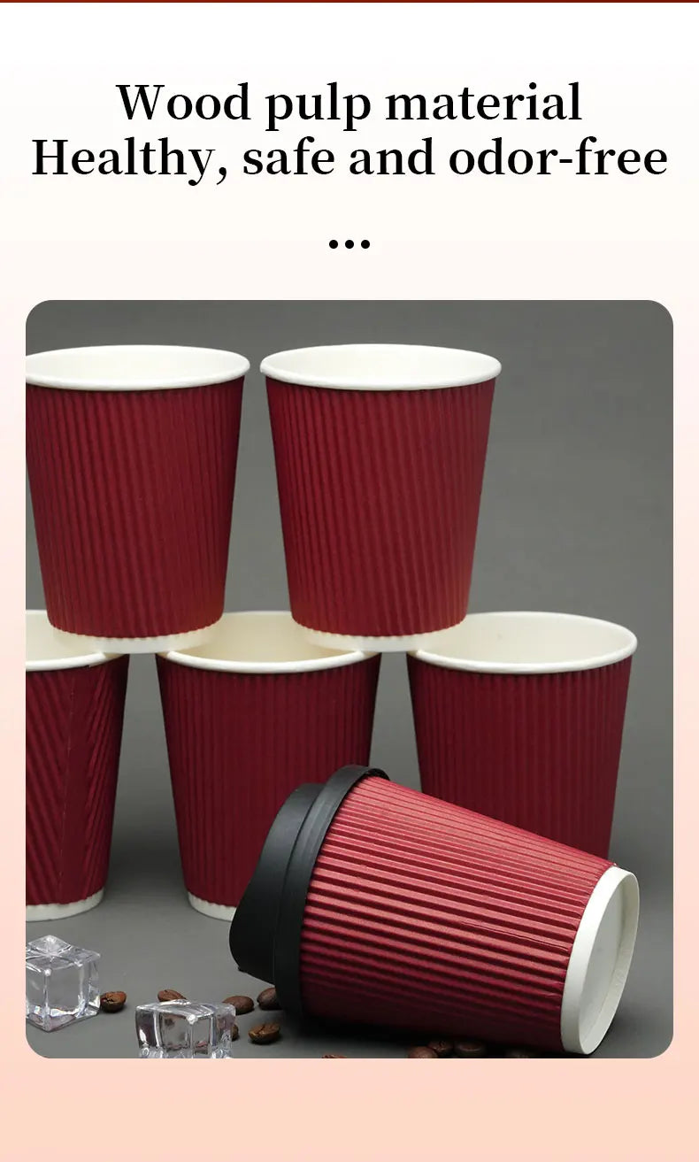 45pcs 8oz  Double-Walled Insulated Corrugated Cardboard Coffee Cups Thickened Disposable Striped Portable Paper Cups With Lids