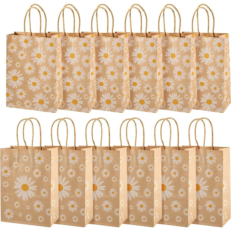 kraft paper bags, bohemian daisy kraft paper bags/party favor bags/goodie treat candy gift bags/birthday decorations -12/24 pcs