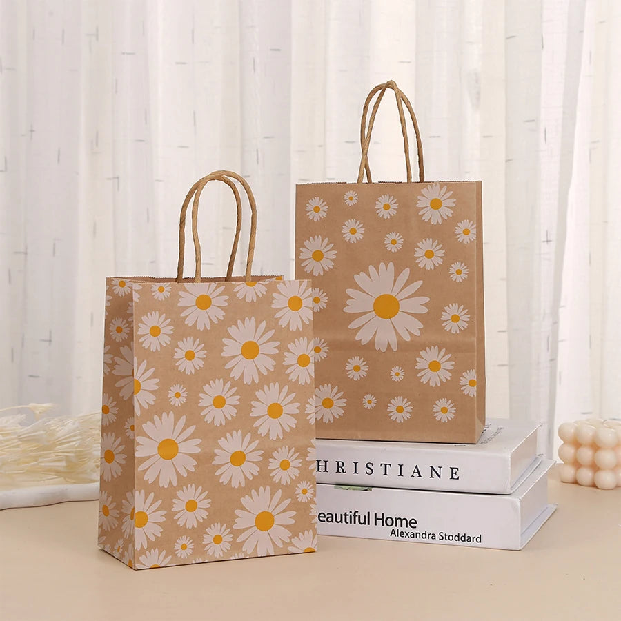 kraft paper bags, bohemian daisy kraft paper bags/party favor bags/goodie treat candy gift bags/birthday decorations -12/24 pcs