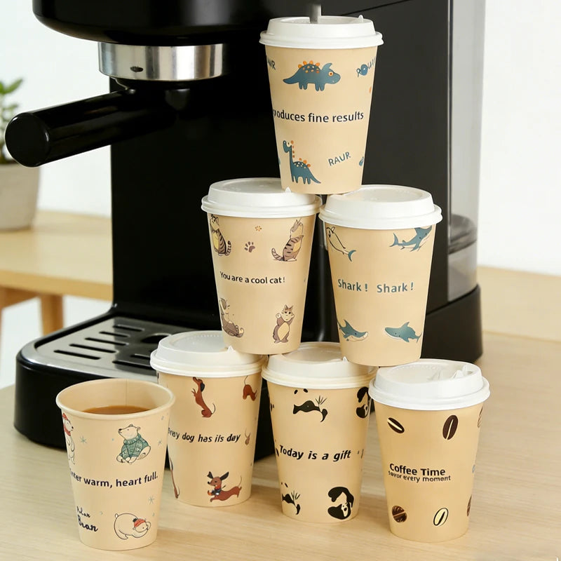 Sustainable Paper Cups With lids12oz Animals Printed Paper Coffee Drinking Cups Thickened Cups for Home Office Party Supplies