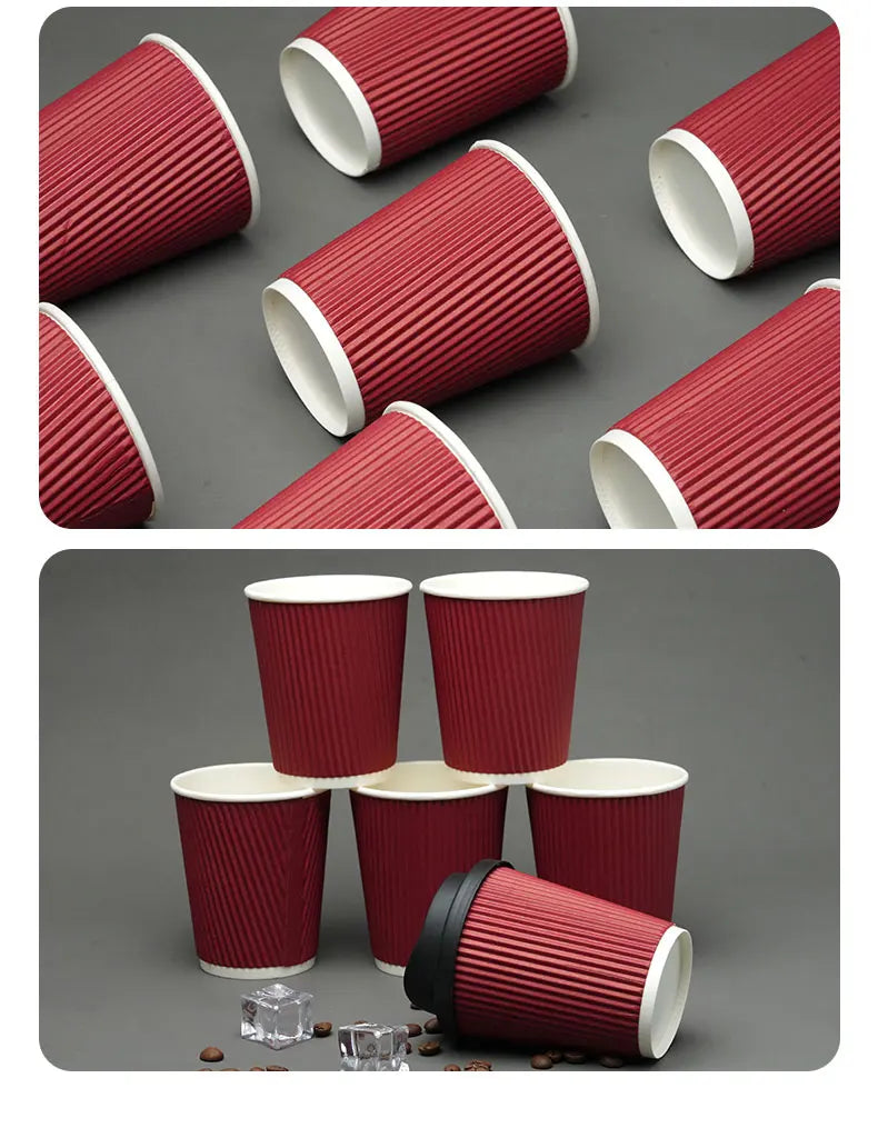 45pcs 8oz  Double-Walled Insulated Corrugated Cardboard Coffee Cups Thickened Disposable Striped Portable Paper Cups With Lids