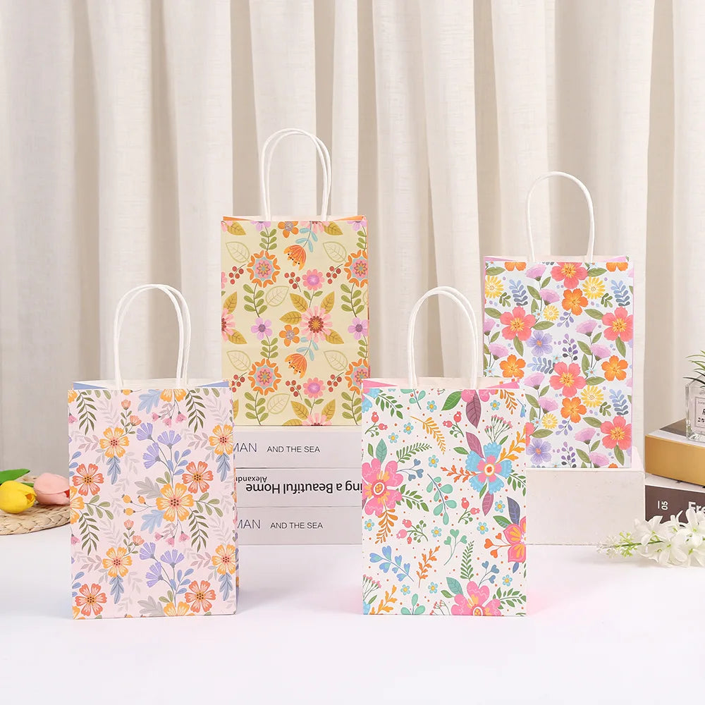 Plant Print Kraft Paper Bags, Colorful Flowers Packing Bags Ins, Gifts Candy Snack Souvenirs Decorative Supplies