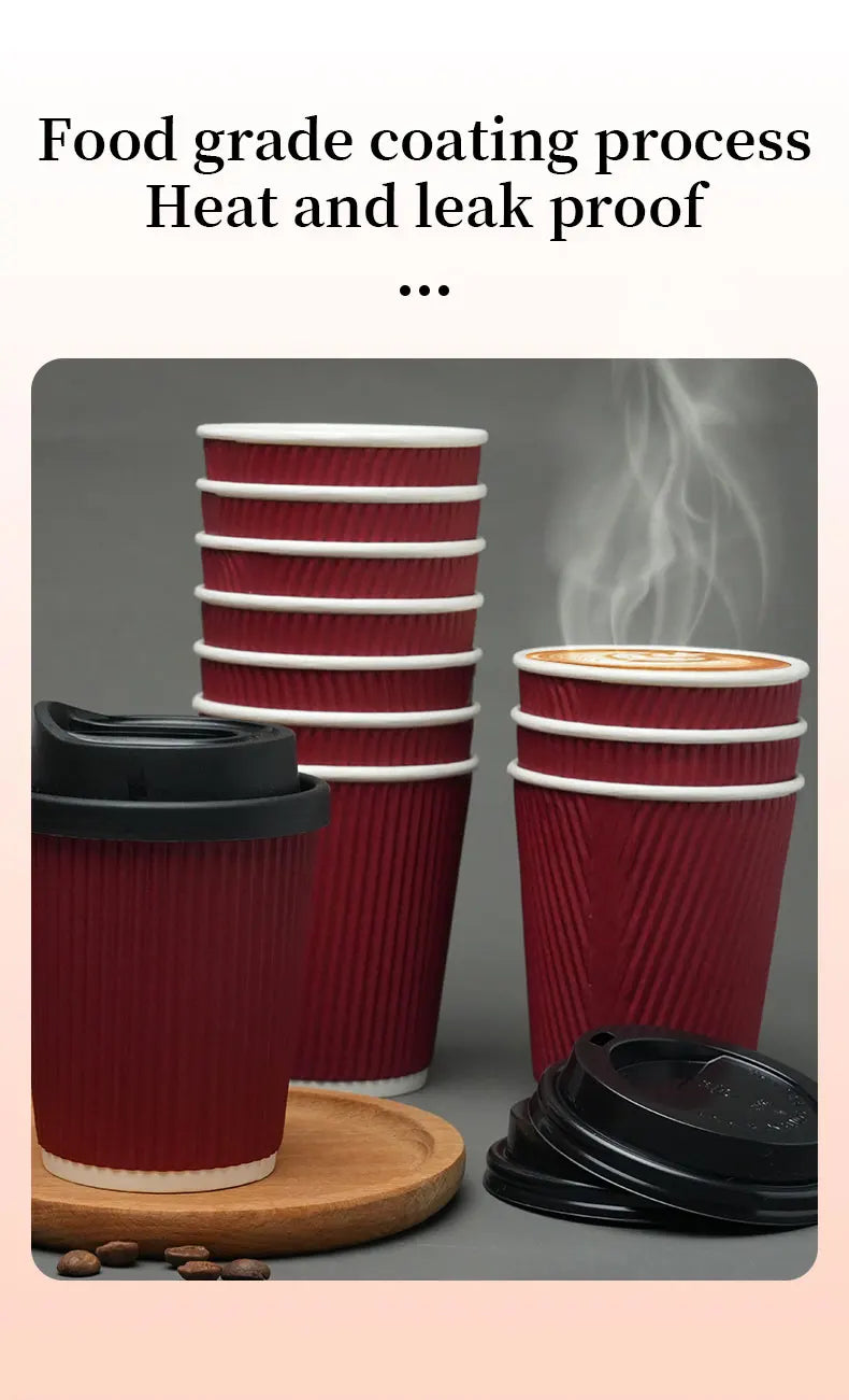 45pcs 8oz  Double-Walled Insulated Corrugated Cardboard Coffee Cups Thickened Disposable Striped Portable Paper Cups With Lids