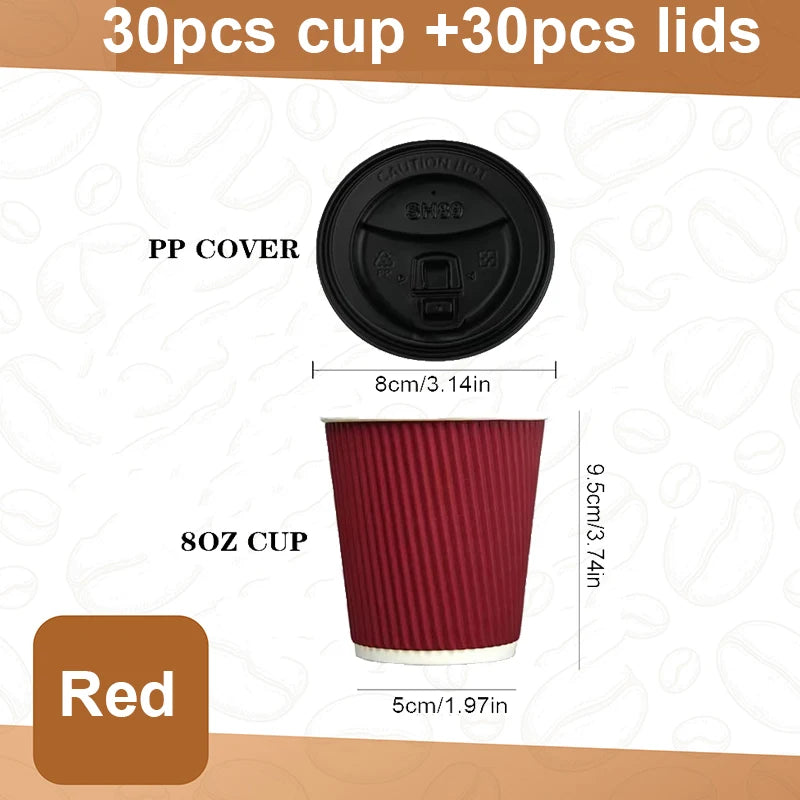 45pcs 8oz  Double-Walled Insulated Corrugated Cardboard Coffee Cups Thickened Disposable Striped Portable Paper Cups With Lids