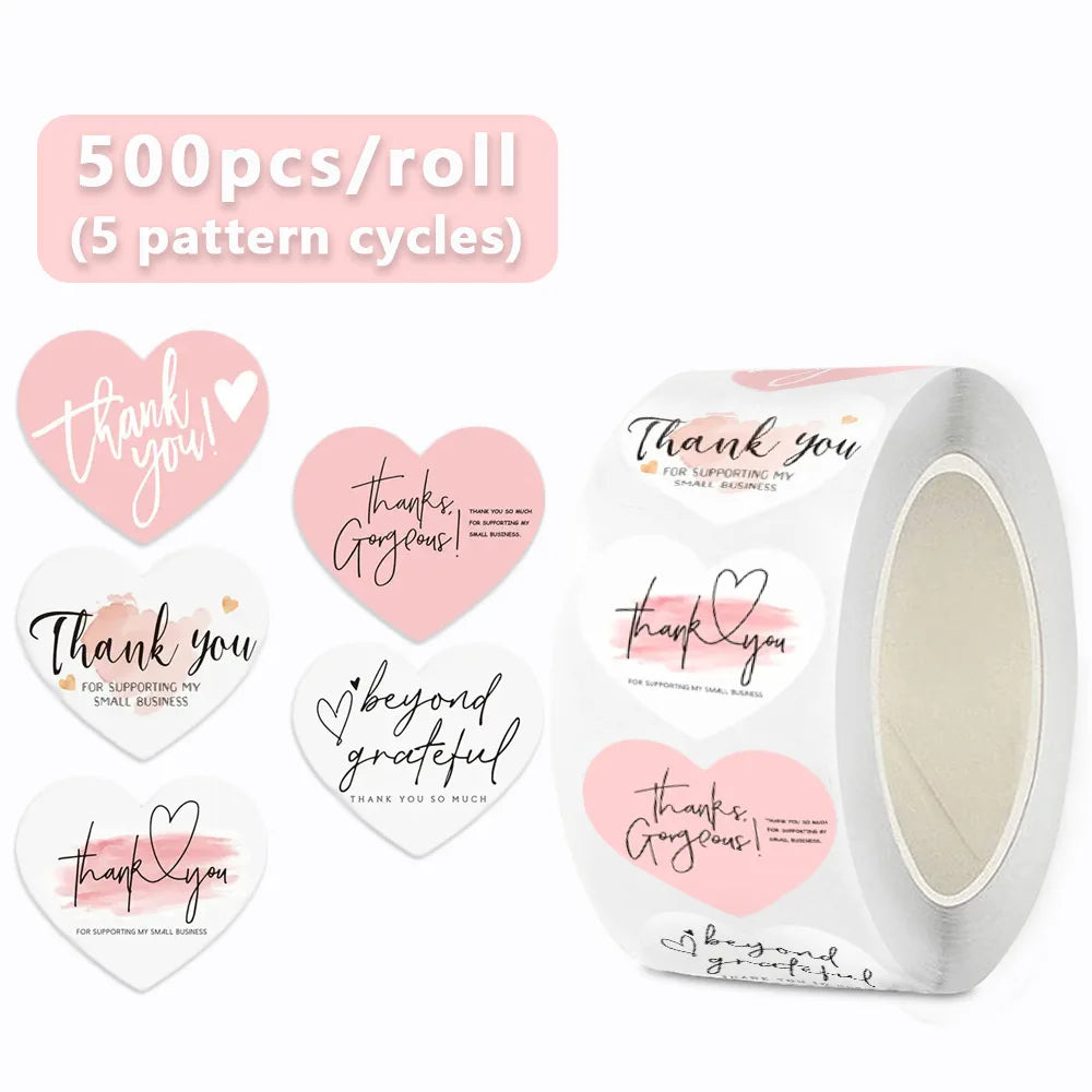100-500pcs Heart Pink Thank You Stickers For Supporting Business Package Decoration "Gorgeous Thanks" Business Stickers