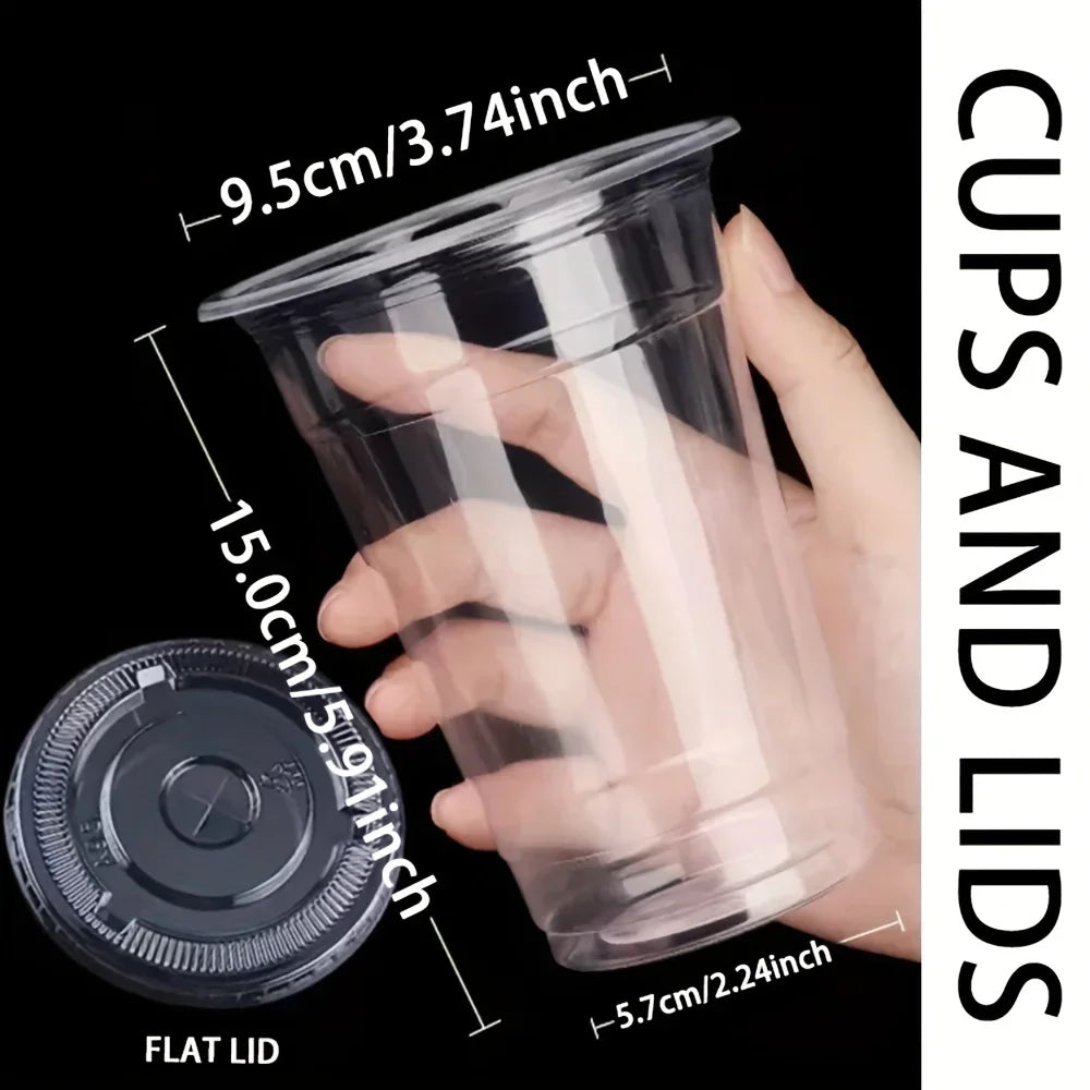 50pcs/Set 12/16OZ Plastic Cups With Lids Disposable Cups For Iced Coffee,Smoothie, Milkshake,Cold Drinks Birthday Party Supplies