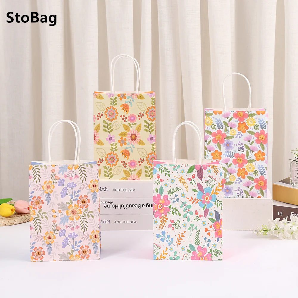 Plant Print Kraft Paper Bags, Colorful Flowers Packing Bags Ins, Gifts Candy Snack Souvenirs Decorative Supplies