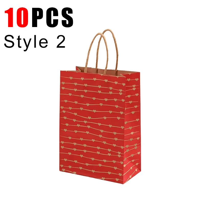 10PCS Heart Patterns Kraft Paper Bag with Handle Valentine's Day Gift Packaging Tote Romantic Bags Party Wedding Accessories