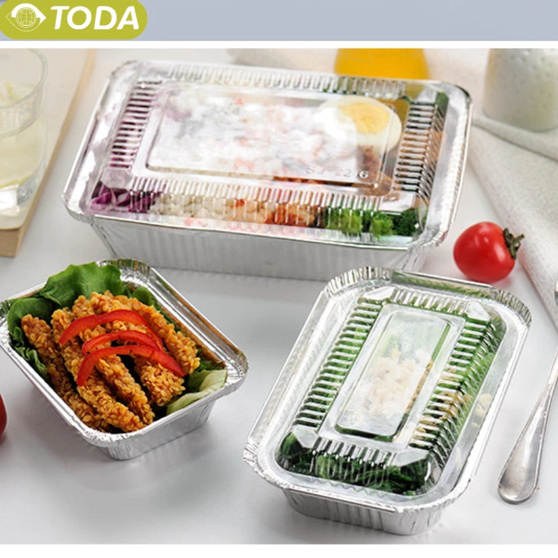 Aluminum Foil Trays With Lids 450ml Disposable Food Grade Baking Pans For Double Basket Air Fryer Oven Cooking Packaging -20Pcs