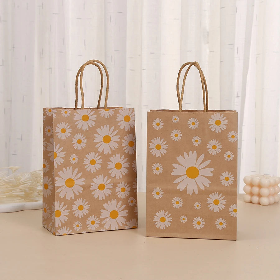 kraft paper bags, bohemian daisy kraft paper bags/party favor bags/goodie treat candy gift bags/birthday decorations -12/24 pcs