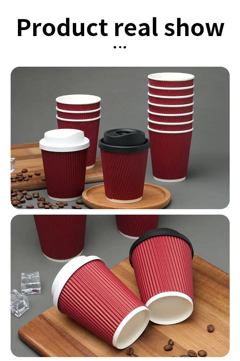 45pcs 8oz  Double-Walled Insulated Corrugated Cardboard Coffee Cups Thickened Disposable Striped Portable Paper Cups With Lids
