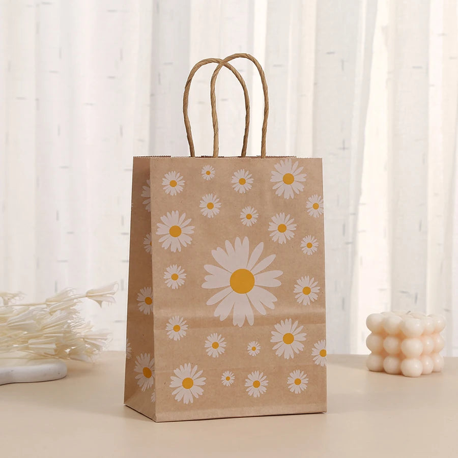 kraft paper bags, bohemian daisy kraft paper bags/party favor bags/goodie treat candy gift bags/birthday decorations -12/24 pcs