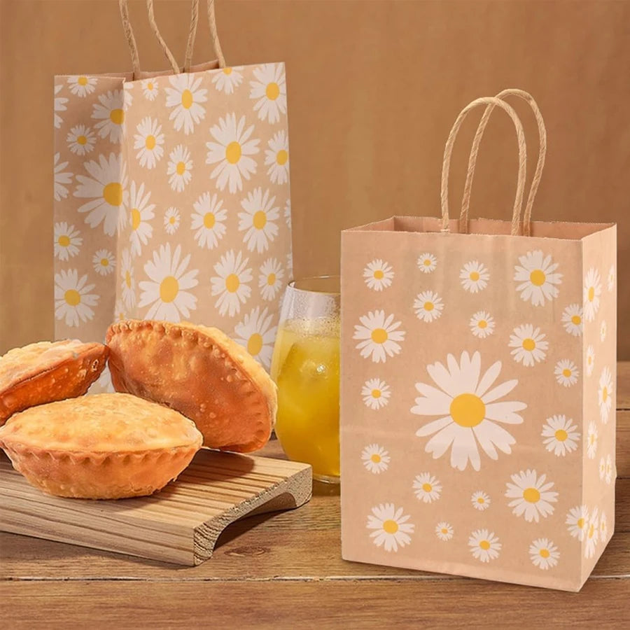 kraft paper bags, bohemian daisy kraft paper bags/party favor bags/goodie treat candy gift bags/birthday decorations -12/24 pcs