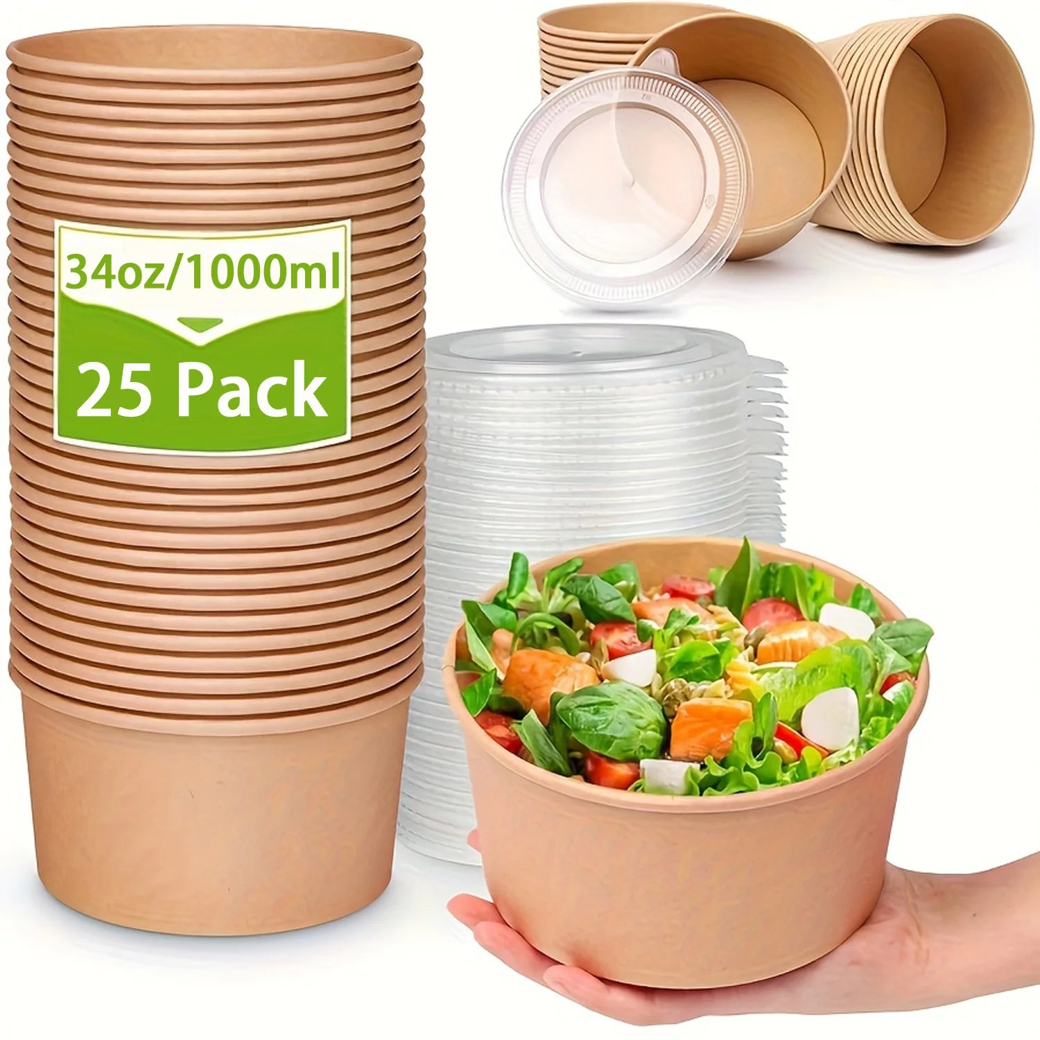 Paper Bowls with Lids, Disposable Soup Bowls, Food Containers Lunch Box, Salad Bowls, Meal Prep Bowls -34Oz/1000Ml 25/50 Pack