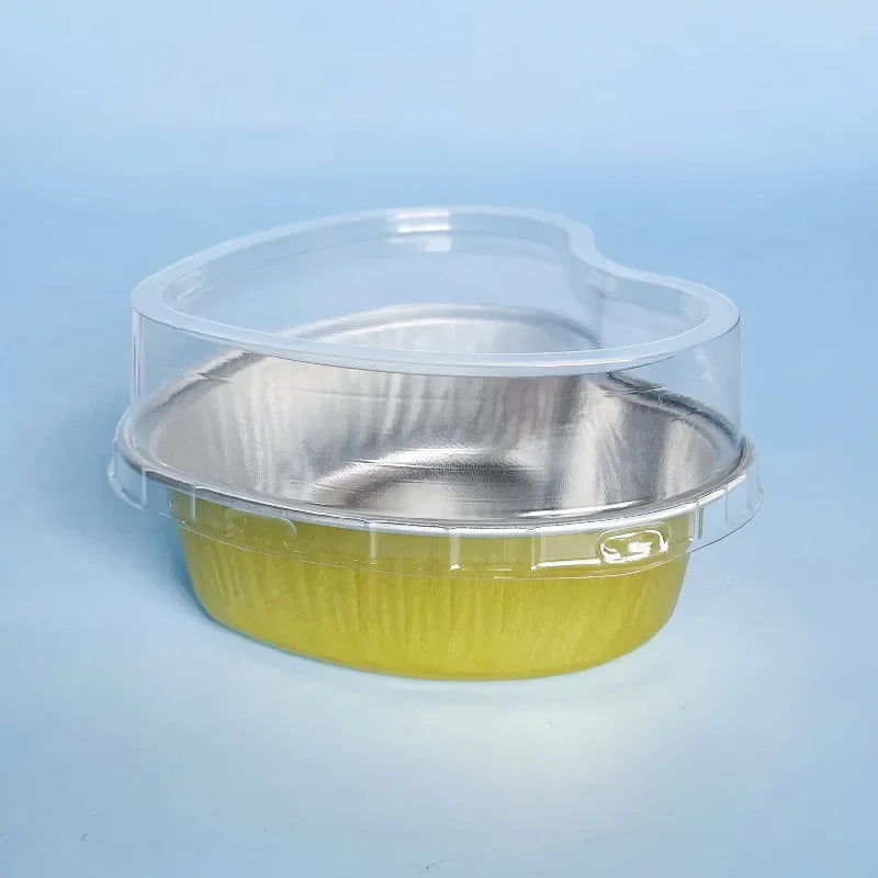 50Pcs 100ml Tin Foil Aluminum Foil Pudding  Cup With Lid Heart-shaped Disposable Mini Mousse Cupcake Containers Baking Mould