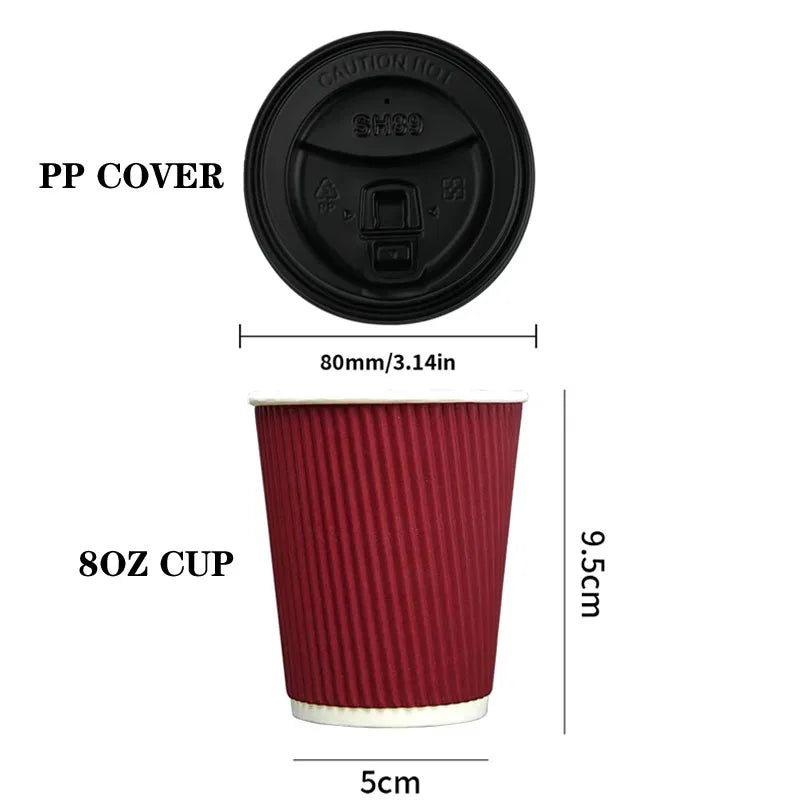 45pcs 8oz  Double-Walled Insulated Corrugated Cardboard Coffee Cups Thickened Disposable Striped Portable Paper Cups With Lids