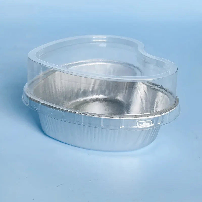 50Pcs 100ml Tin Foil Aluminum Foil Pudding  Cup With Lid Heart-shaped Disposable Mini Mousse Cupcake Containers Baking Mould